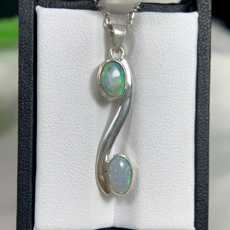 Natural 2 Australian Opal In Handmade Silver Pendant